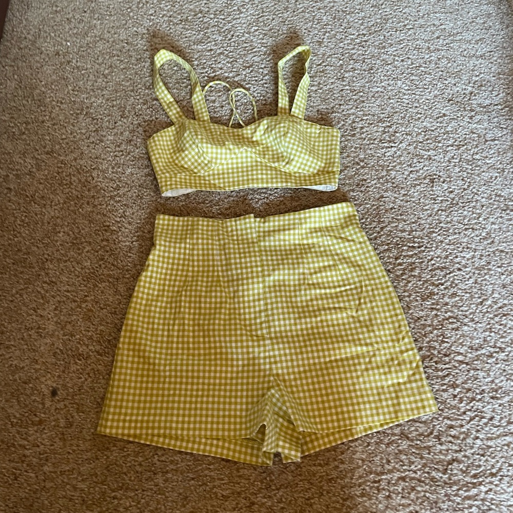 Topshop Adjustable Lime Green and White Gingham Two Piece Size 2/4 with Pockets